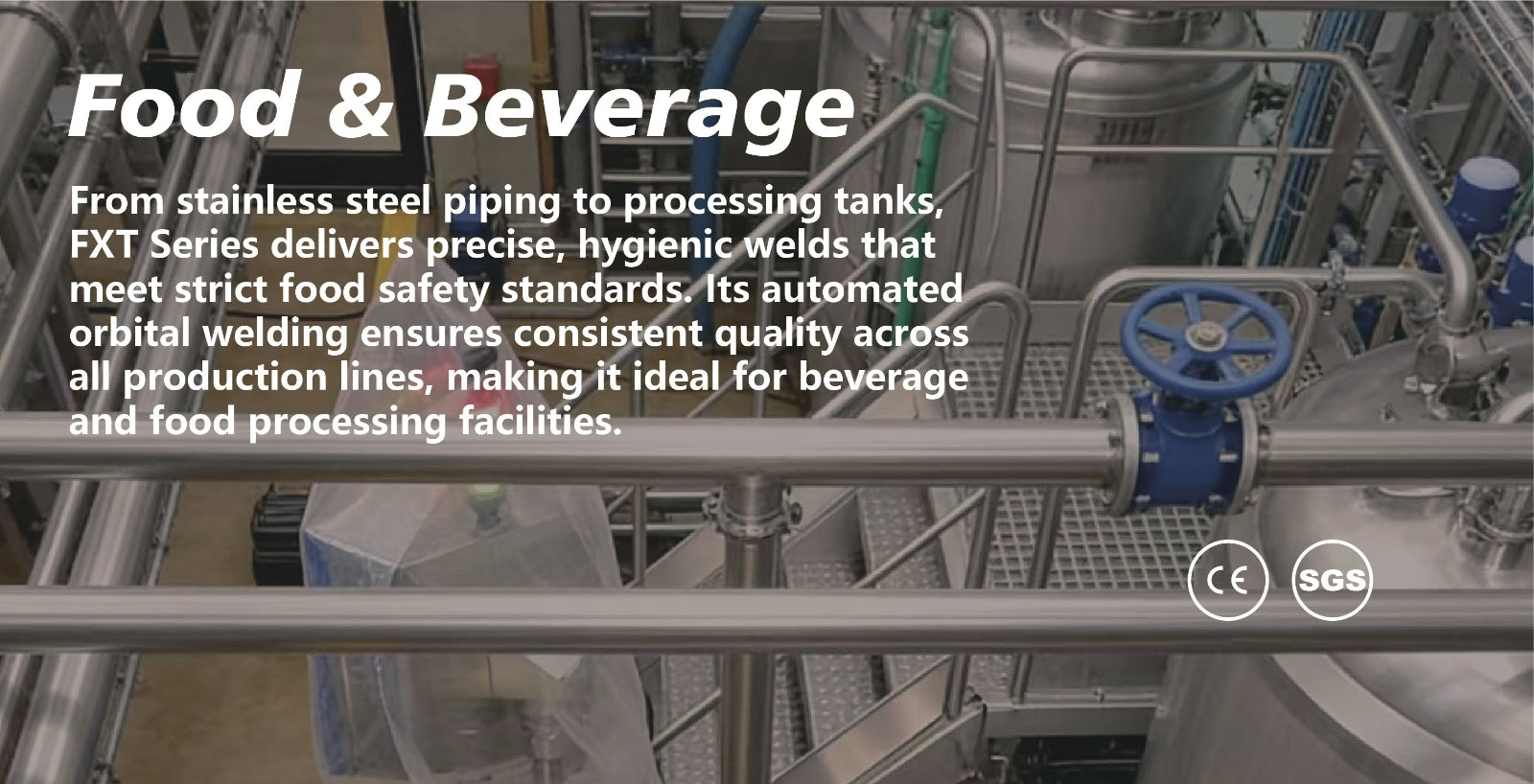 Hygienic orbital welding solutions for food and beverage processing lines, ensuring smooth, bacteria-free pipe joints.